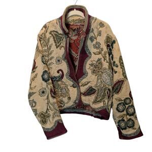 Vintage Painted Pony Tapestry Brocade 2 Button Coat Jacket Paisley Tan Maroon